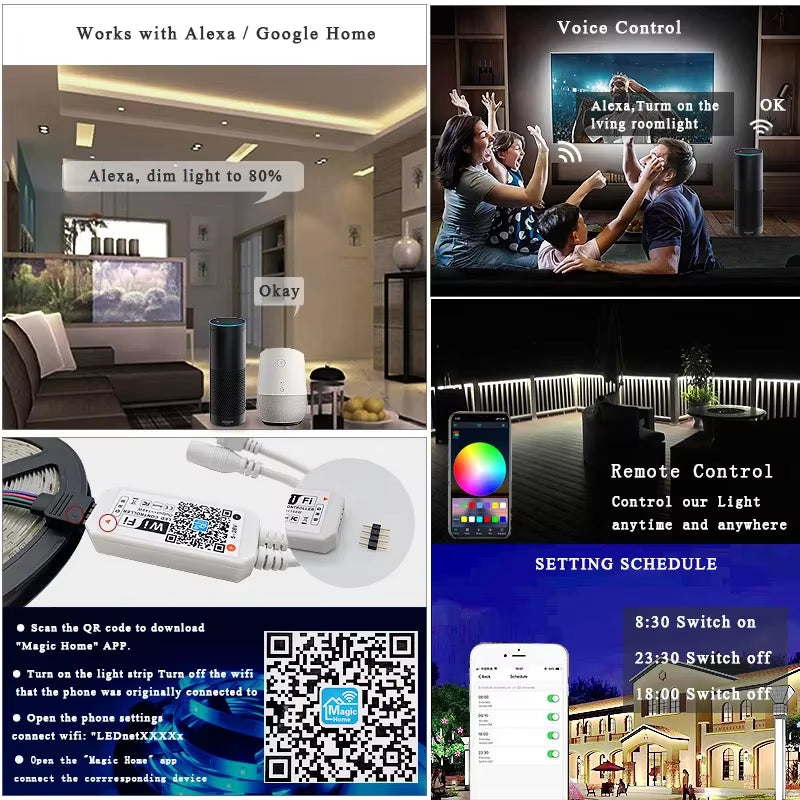RGBWW LED Strips Lights 15M WIFI Waterproof RGB LED Light Flexible Ribbon Tape 25M 5050 LED Strip Bluetooth APP + Adapter